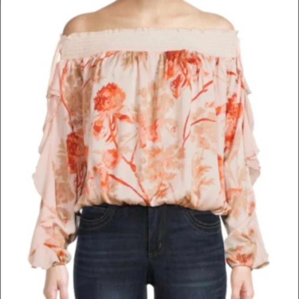 Free People Boho Satin Bodysuit Off The Shoulder Floral Peach Cream XL NWT